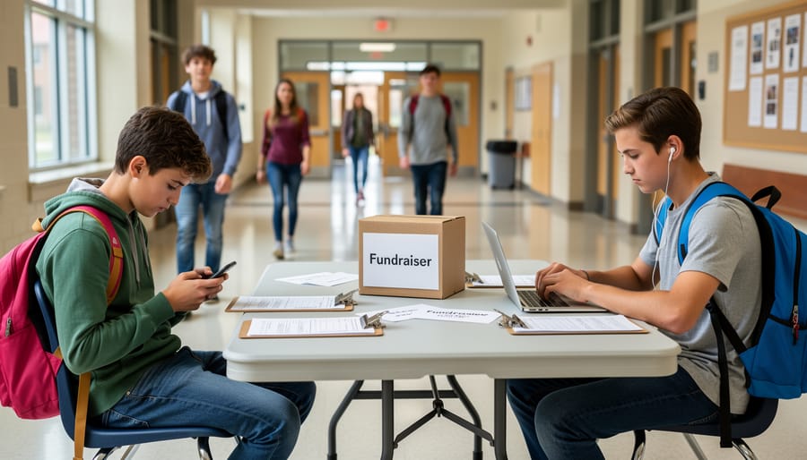 High school students looking unenthusiastic while reviewing traditional fundraising catalogs and order forms