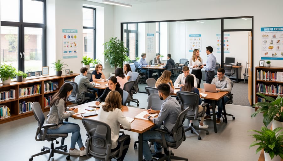 Interior of professional tutoring center with students and tutors in individual learning stations