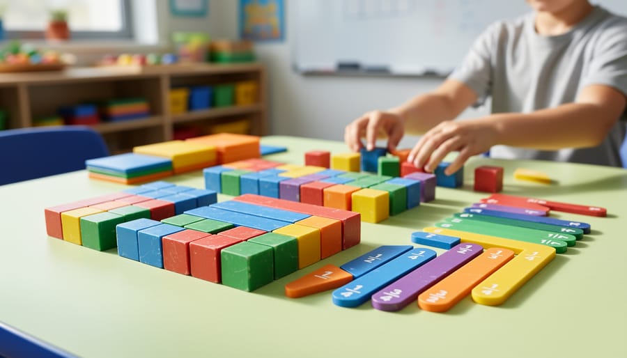 Student hands using colorful math manipulatives including base-ten blocks and fraction bars on classroom table