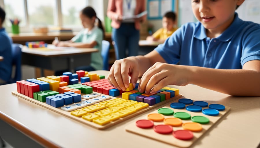 Close-up overhead view of an elementary student’s hands arranging base-ten blocks, fraction tiles, and counters on a desk, with classmates and a teacher softly blurred in the background under natural daylight.