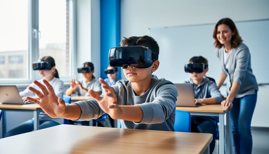 Diverse middle school students wearing VR headsets in a bright classroom as a teacher supervises; focus on a student reaching forward, with desks and a blank whiteboard in the softly blurred background.