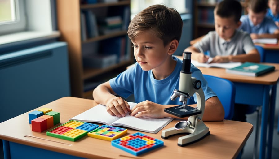 Elementary student concentrating at a classroom desk with logic blocks, an open book without visible text, and a small microscope, lit by soft natural window light, with classmates and shelves softly blurred in the background.