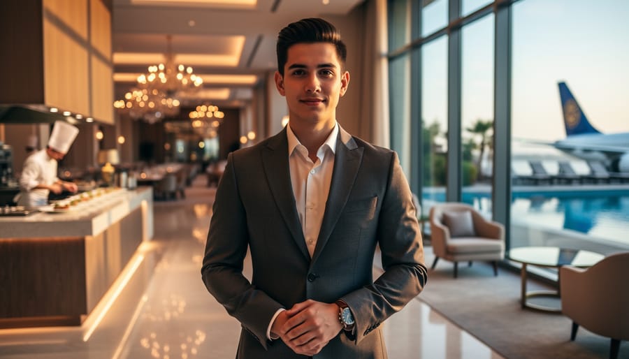 Young hospitality manager in a contemporary hotel lobby, sharply in focus, with blurred hints of an open kitchen, ballroom lights, a resort pool, and an airplane tail visible through glass under warm, welcoming lighting.