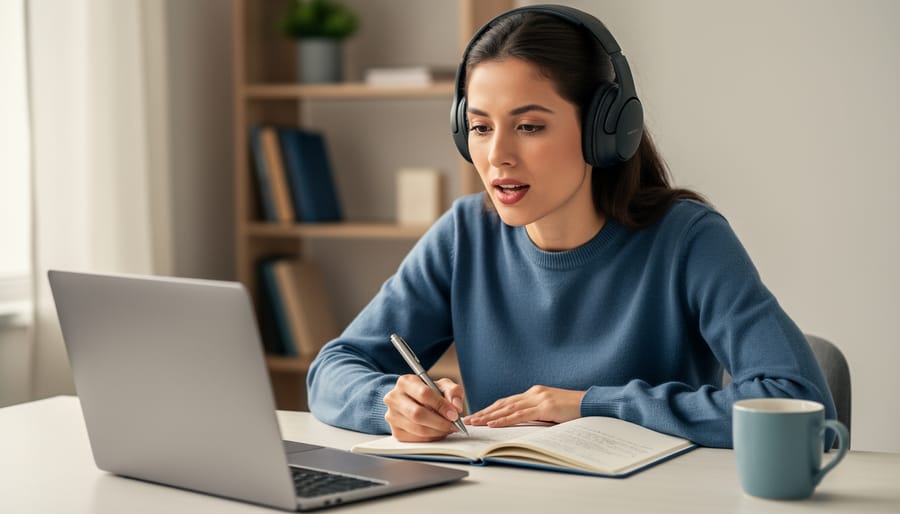 Woman wearing over-ear headphones studying French with a laptop and notebook at a bright home desk; screen intentionally blurred with no readable text; soft natural light with a plant and bookshelf in the background.