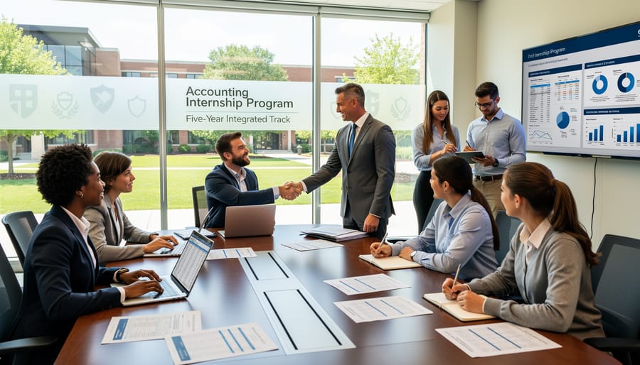 Professional handshake between accounting intern and business mentor in corporate office