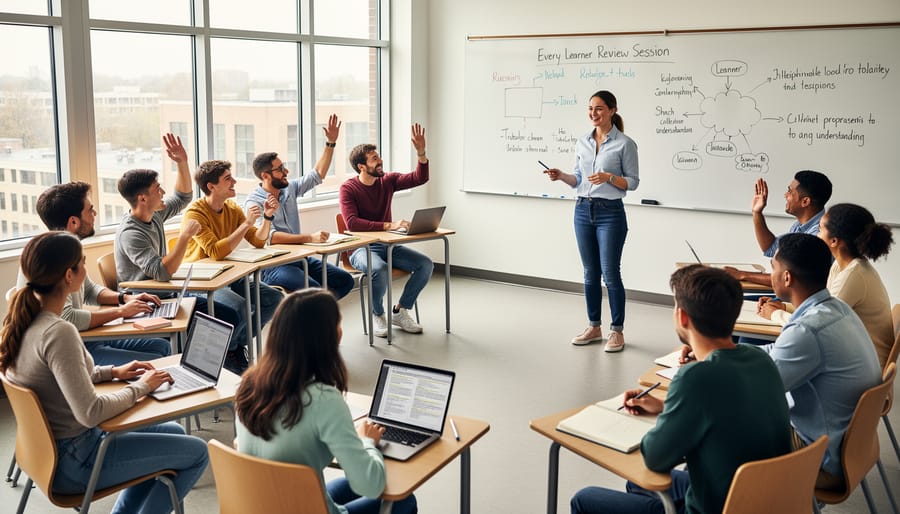 Elementary students eagerly raising hands during classroom discussion circle