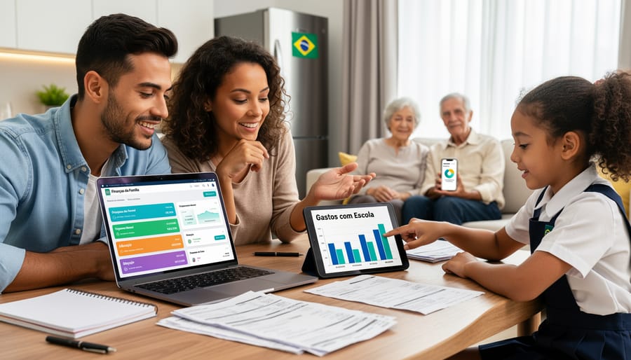 Brazilian family reviewing financial information together on smartphone at kitchen table