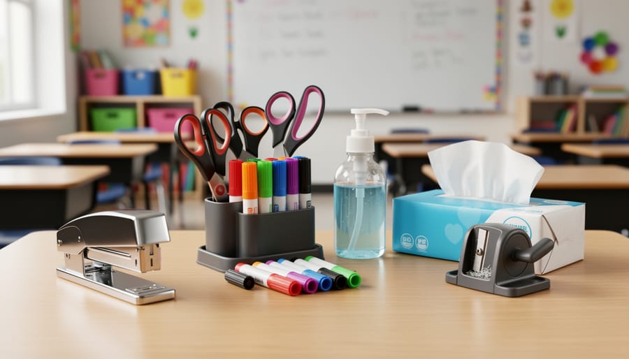 Neatly arranged teacher’s desk with sturdy stapler, scissors in a caddy, dry-erase markers, hand sanitizer, tissues, and a manual pencil sharpener, photographed from a 45-degree overhead angle, with a softly blurred classroom whiteboard, desks, and shelves in the background.
