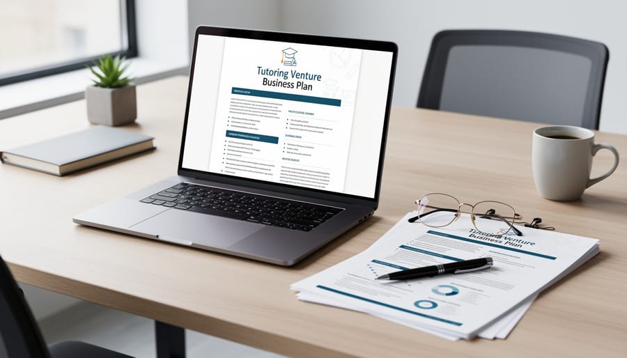 Hands holding tablet displaying professional business plan document