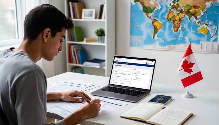 Canadian study permit documents and passport arranged on desk representing student visa application