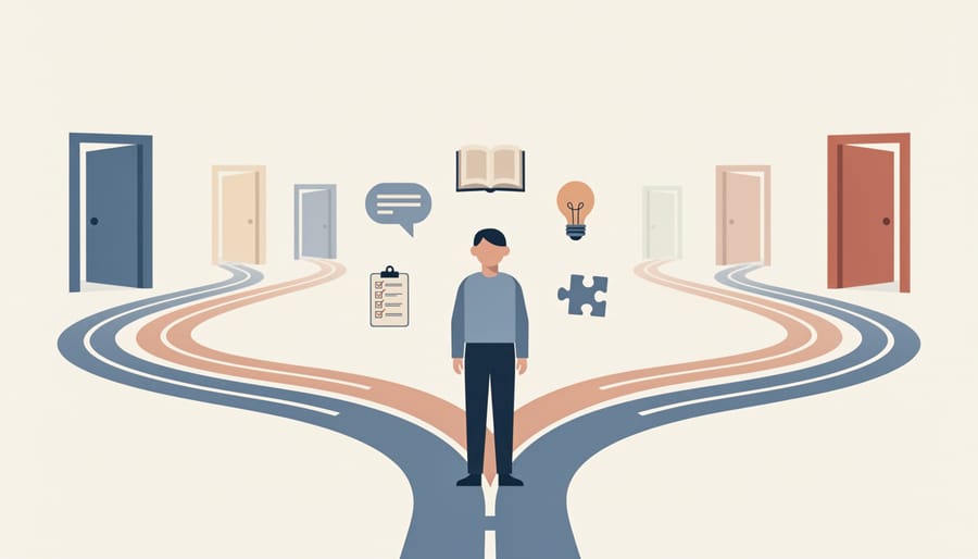 Person standing at crossroads of two paths during golden hour