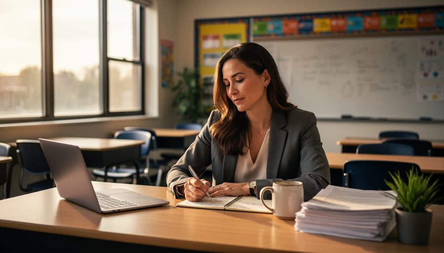 Person writing in journal at desk with laptop and coffee, reflecting on career decisions