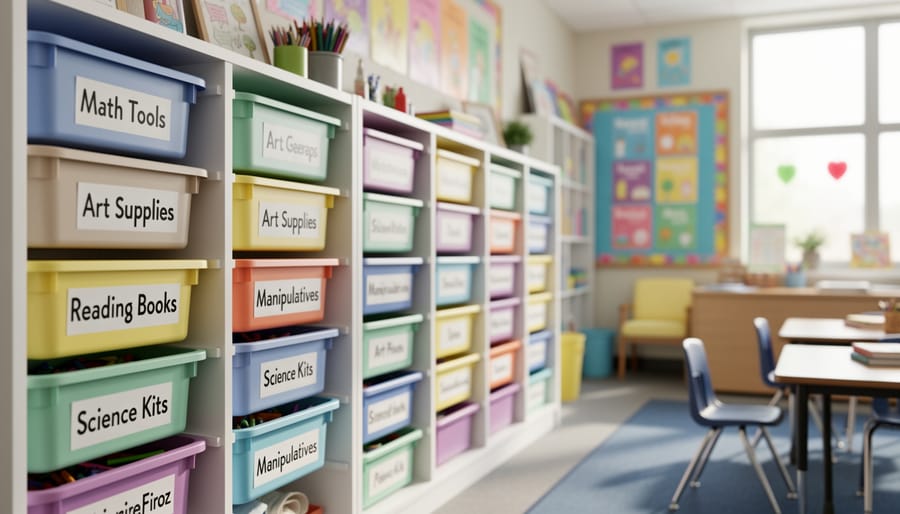 Clear plastic storage bins with labels organized on classroom shelves