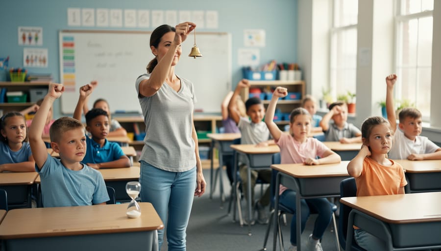 Teacher raises a small chime to cue a classroom transition while elementary students perform quiet stretches and readiness hand signals at their desks in a bright, tidy room with a blurred whiteboard and shelves in the background.