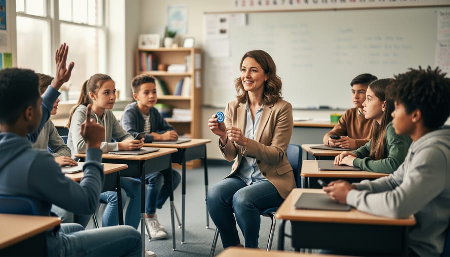 Teacher facilitates a semicircle discussion with diverse students during a review session; one student raises a hand, another holds a talking token, with closed laptops and face-down phones visible under soft natural light and a blurred whiteboard in the background.