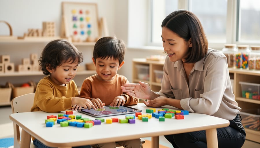Teacher kneels beside two preschoolers at a low table as they collaborate on a tablet and place colorful coding blocks; soft daylight; blurred shelves with wooden toys and art supplies in the background; no text visible on the screen.