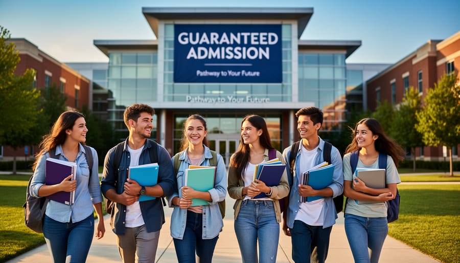 Diverse group of college students walking through university campus courtyard
