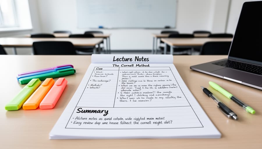 Overhead view of organized study desk with planner, laptop, and stationery