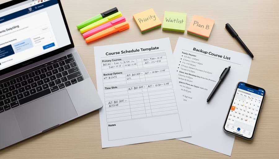 Overhead view of student organizing course schedule with planner and laptop