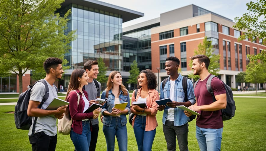 Diverse group of international students walking on Canadian university campus in autumn