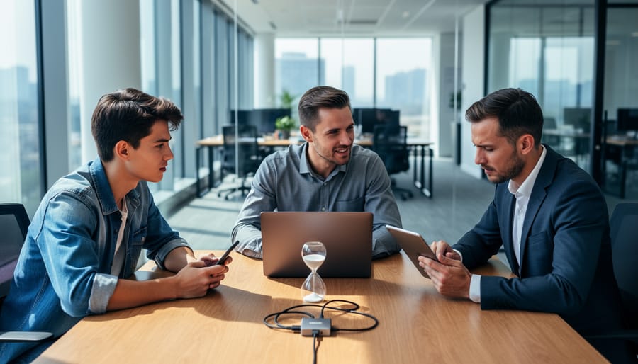 Three stakeholders—a student with a phone, an instructor with a laptop, and an administrator with a tablet—collaborate at a wooden table featuring a small hourglass and tech accessories in a modern office, with the background softly blurred.