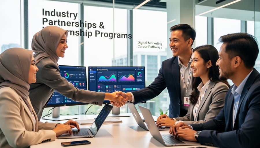 Malaysian e-marketing graduate meeting with industry professional in modern office