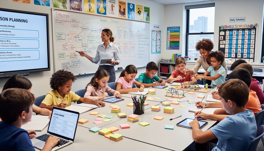 Elementary students engaged in collaborative hands-on learning activity with educational materials