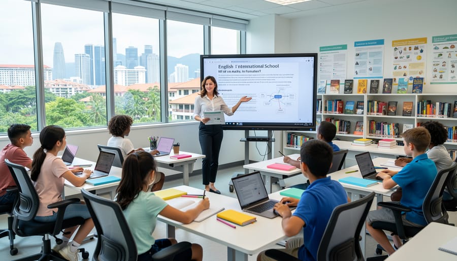Female teacher instructing high school students in modern international school classroom