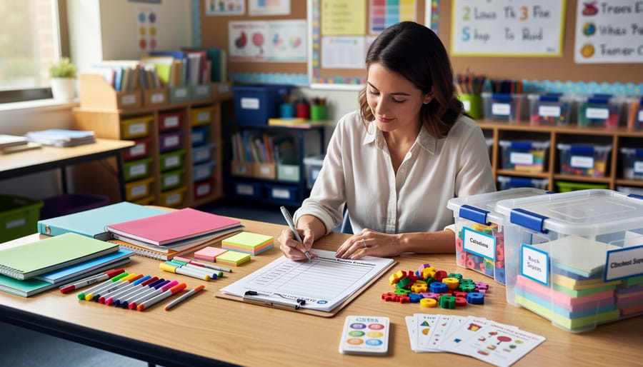 Teacher reviewing supply checklist on clipboard surrounded by classroom materials