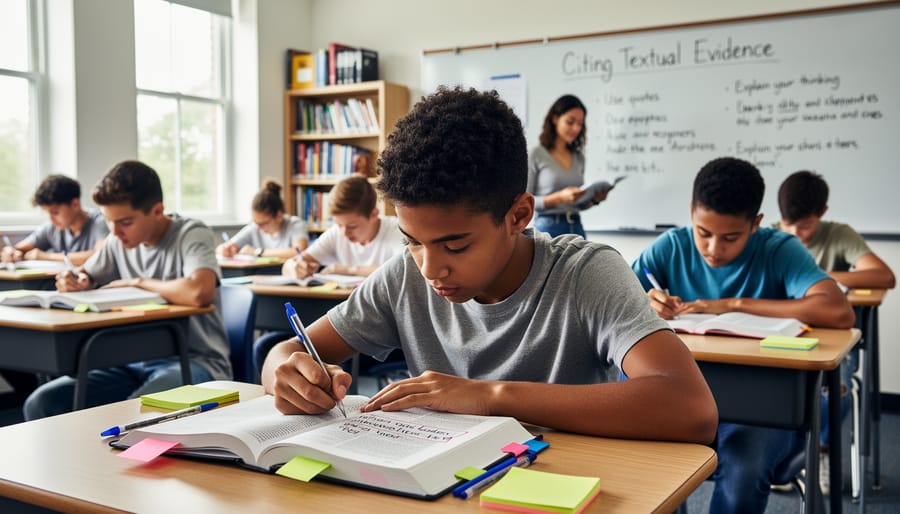 Student referencing textbook and notes while writing during review session