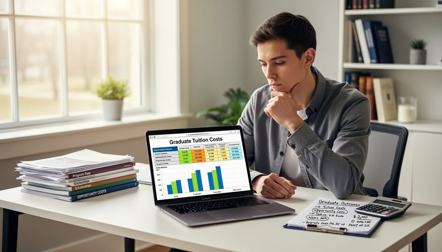 Professional woman reviewing financial documents and calculations at office desk
