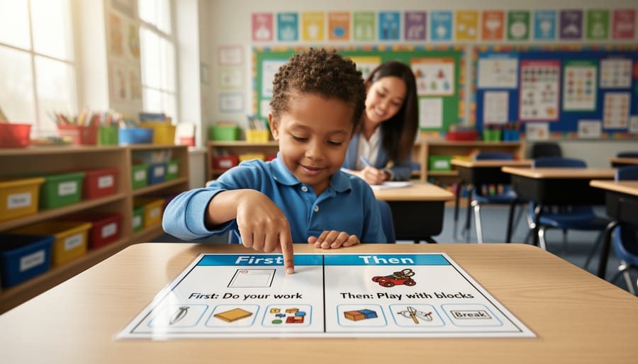 Hands arranging first-then visual board with picture cards on desk
