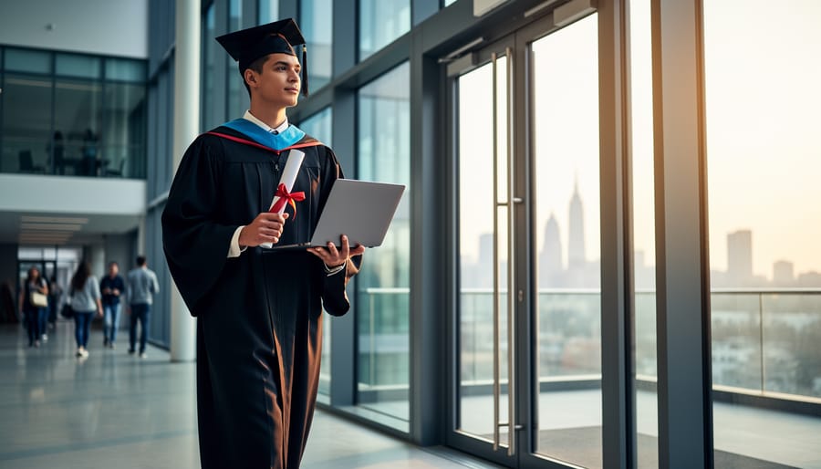 Young graduate wearing a master’s hood and mortarboard, holding a laptop and diploma tube while walking through a bright, glass-walled university atrium with a distant city skyline in warm evening light.