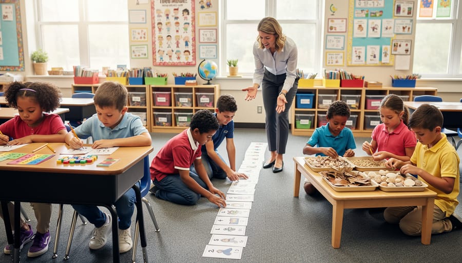 Diverse fourth-grade students move between stations—two solving math cards at a desk, two arranging sequence cards on the floor, and a small group sorting natural objects—while a teacher assists in a bright, organized classroom with shelves and a globe, no legible text visible.