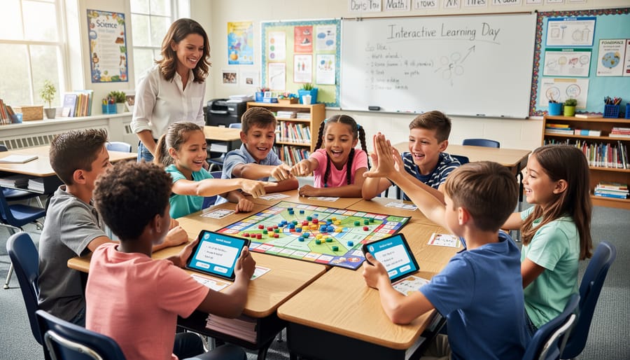 Group of 4th grade students playing educational card game together on classroom floor