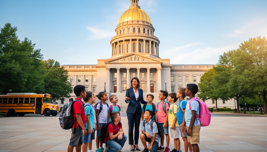 Teacher guiding a diverse group of elementary students with backpacks outside the Georgia State Capitol, gold dome visible in soft morning light, wide shot with blurred yellow school bus and capitol steps in the background.