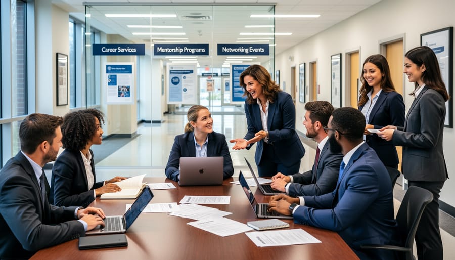 Graduate student meeting with mentor or advisor in professional university office setting