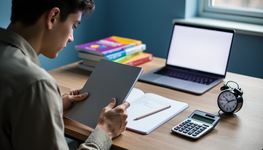 Focused student at a tidy desk working from a plain booklet with pencil, notebook, calculator, and analog timer; blurred background shows unused colorful prep books and a closed laptop, with no readable text.