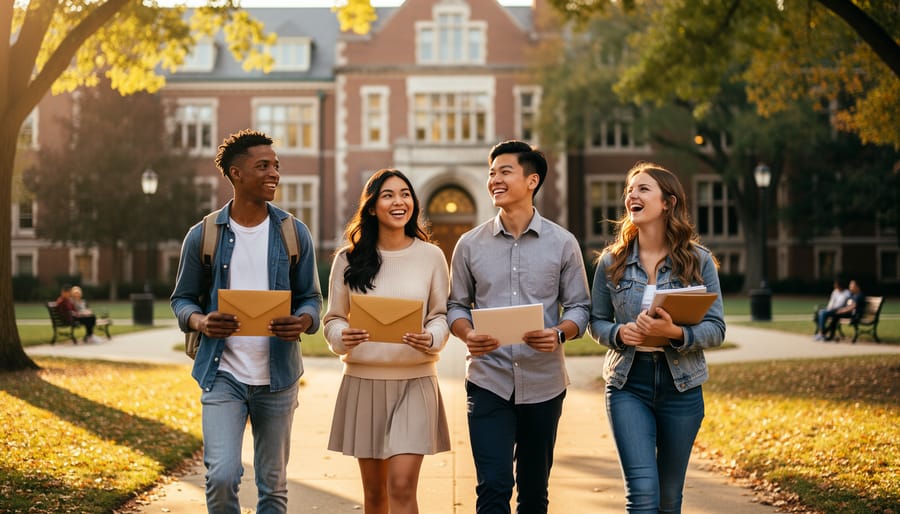 Four diverse high school seniors walk across a leafy university quad at golden hour, smiling and holding plain envelopes and folders, with blurred campus buildings and pathways in the background.