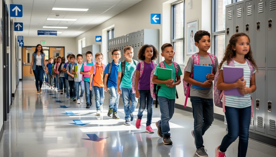 Elementary students walking in organized line through school hallway during transition