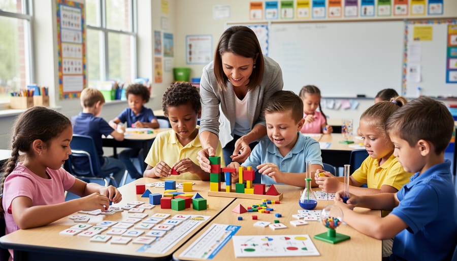 Student hands using colorful math manipulatives including counting bears and blocks
