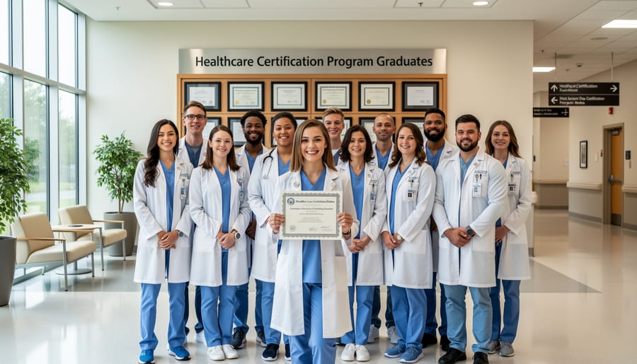 New healthcare professional shaking hands with hospital administrator in modern medical facility