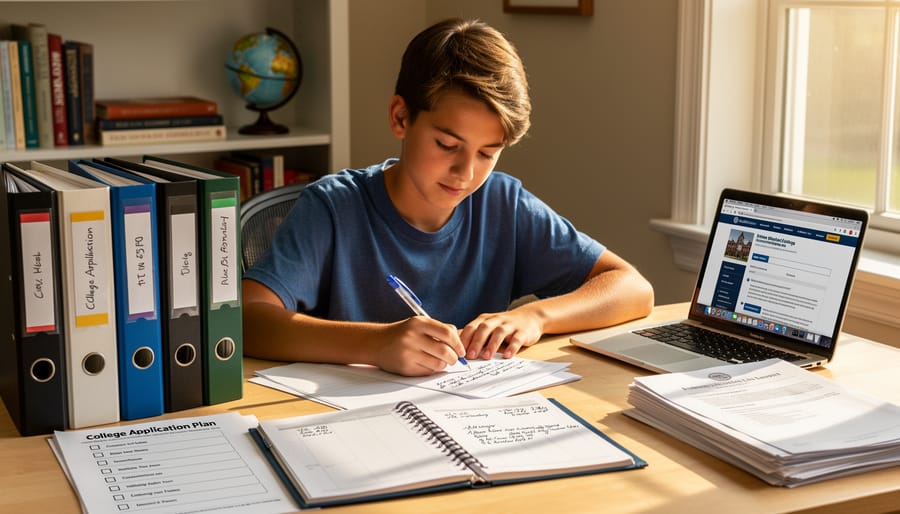 Homeschooled student working on college applications and test preparation at home desk