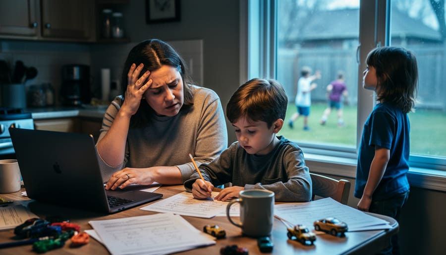Overwhelmed parent at a kitchen table helping a homeschooled child with worksheets next to a laptop, while a second child looks out a window at kids playing outside in the distance.