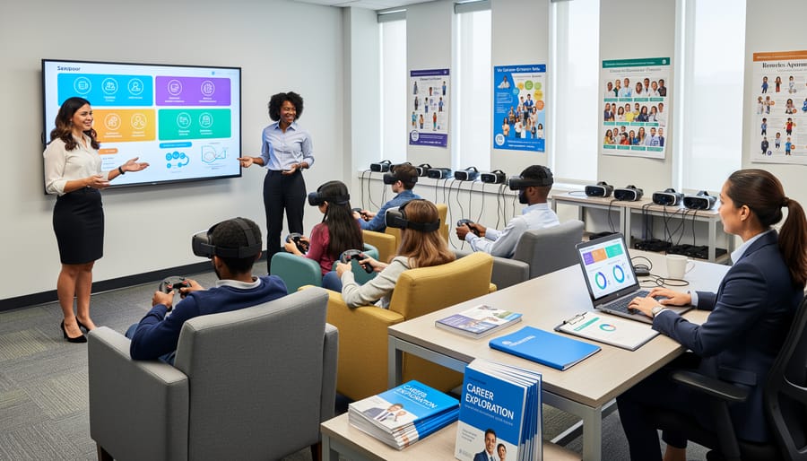 School counselor and students examining VR career exploration equipment together