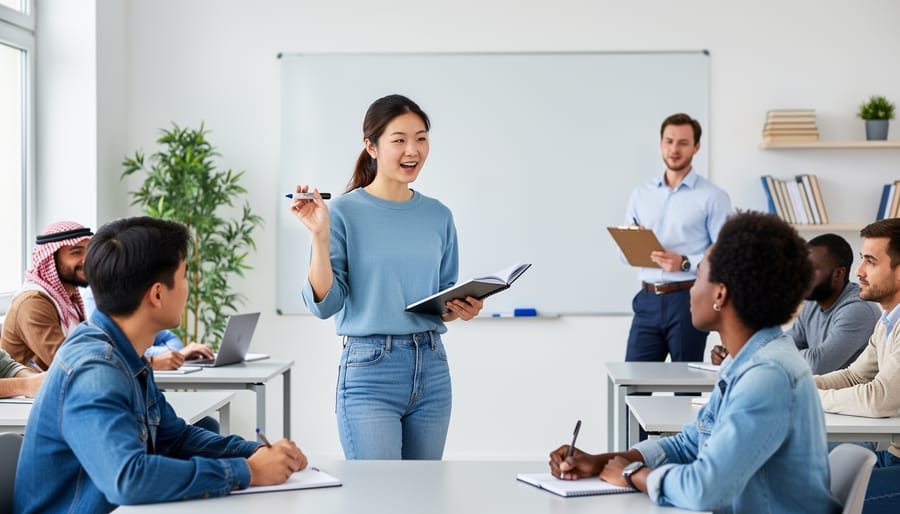 TEFL trainee teaching adult students in a modern classroom while an instructor observes from the back; teacher and learners in sharp focus with softly lit background and blank whiteboard