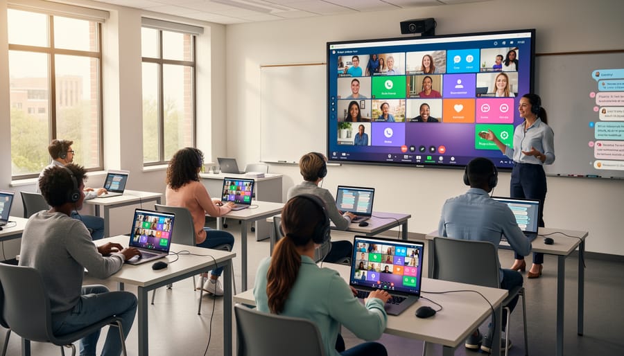 Female professor teaching using multiple digital communication and collaboration tools on dual monitors