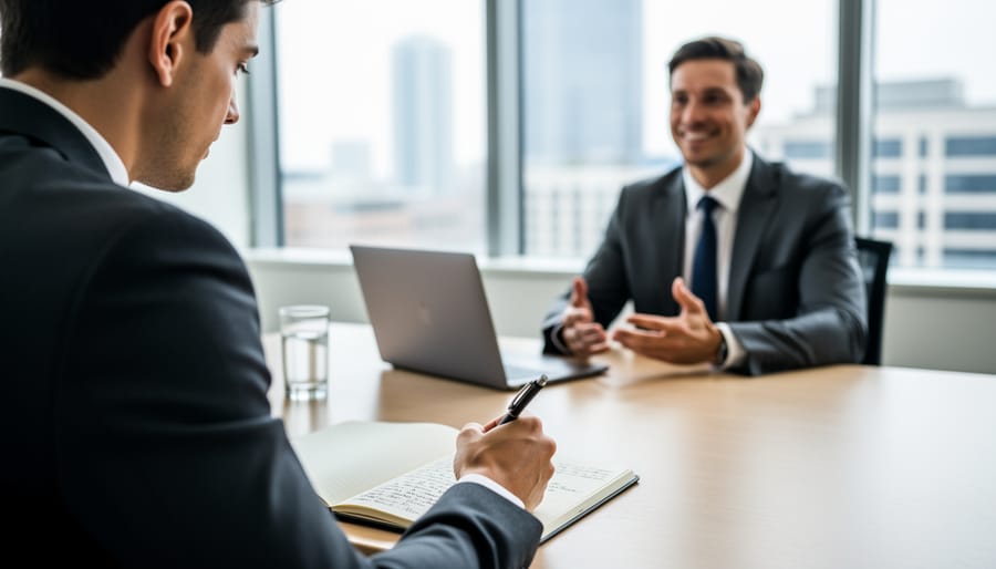 Close-up of professional hands writing notes in leather notebook during interview preparation