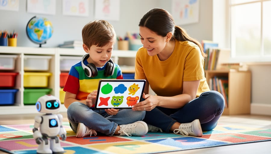 Parent and young child sitting on a colorful rug using a tablet together, with headphones and a small robot toy nearby, softly lit by natural daylight and a blurred classroom background of shelves, art supplies, and books.
