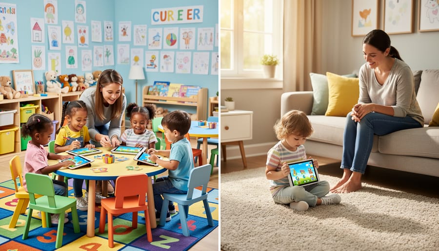 Young child's hands holding tablet with educational app in classroom setting